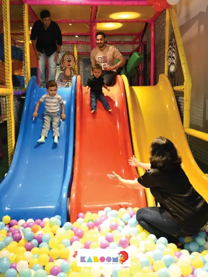 Sliding into a world of fun! Our multi-lane slides are perfect for friends to race down together into the soft and colorful ball pit.