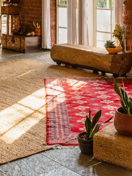 The play of sunlight on the floor highlights the different textures of the stone, jute, and wool rugs. We believe in creating spaces that are rich in sensory detail.