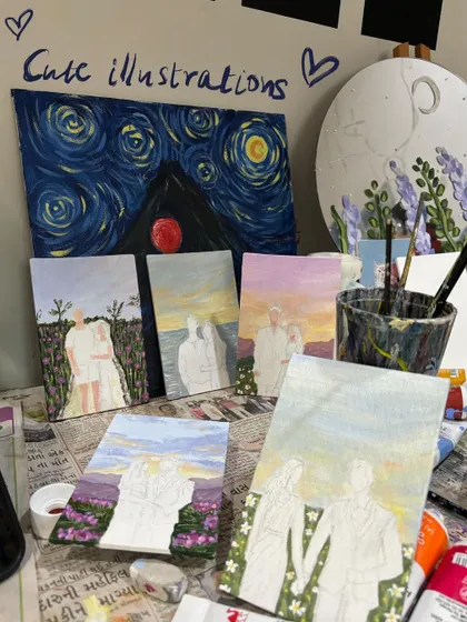 My messy desk, filled with cute illustration commissions in progress. This is where the magic happens.