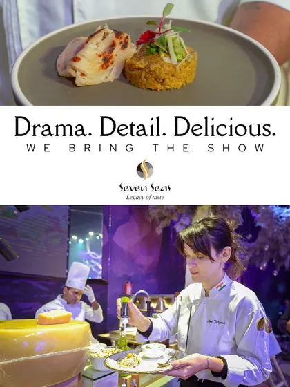 "Drama. Detail. Delicious. We Bring The Show." This composite image combines a beautifully plated dish with a shot of our chef in action, summarizing our promise to deliver a complete theatrical and culinary experience.