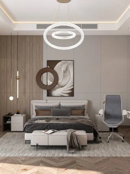 A repeat of the modern bedroom with an integrated desk (ID 32), showing the full layout.
