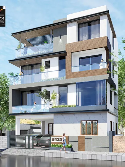 An elevation design for a modern multi-story residence. The facade is composed of stacked, interlocking volumes with a mix of wood-finish panels, white marble, and glass railings.