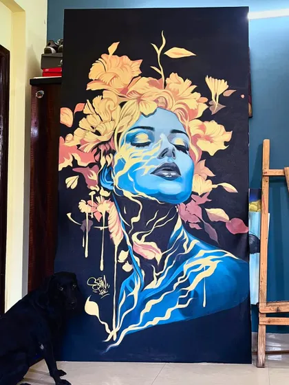 This is a large 7x3 foot canvas I painted for Skyline Resort. The portrait shows a woman surrounded by flowers, using a cool blue and yellow color palette to create a serene but powerful mood.