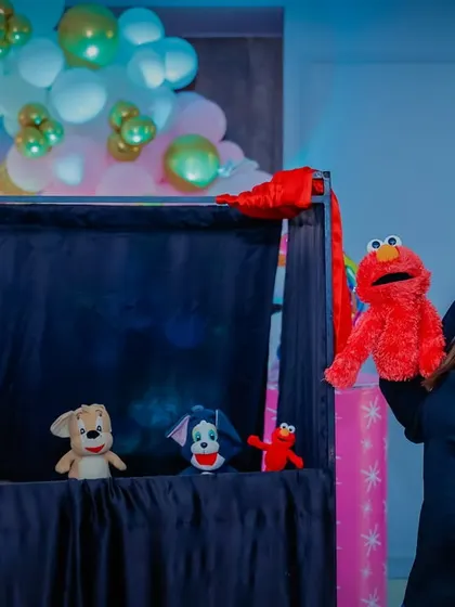 The full puppet show setup, with the puppeteer and her cast of characters ready to entertain the party guests.