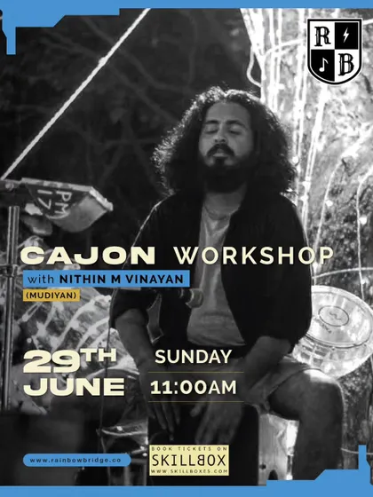 The poster for our Cajon Workshop, perfect for beginners and intermediates. Cajons are provided.