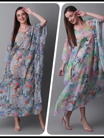 A side-by-side comparison of two different printed kaftans on the same model, an effective way to display product variations.