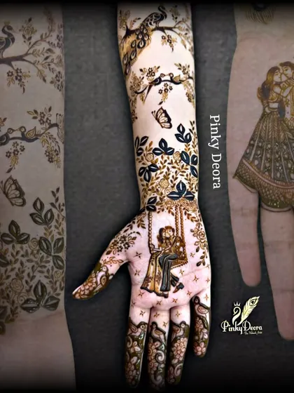 This collage shows the different elements of a storytelling mehndi. You can see a couple on a swing, another romantic pose, and nature-inspired patterns flowing up the arm.