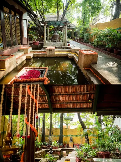 A collage showcasing the beautiful, traditional decor of a wedding venue, including a serene water body with floating flowers.