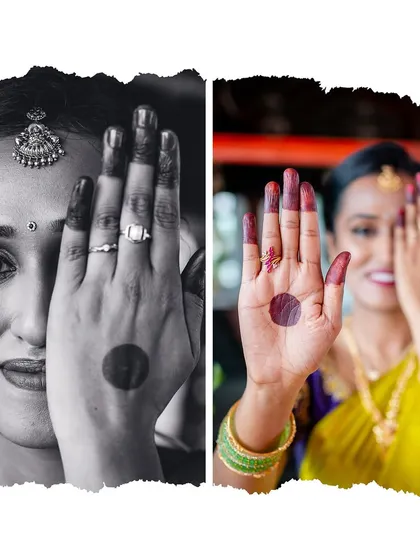 A creative and playful portrait of the bride, peeking through her hand. We love to capture our brides' fun and vibrant personalities.