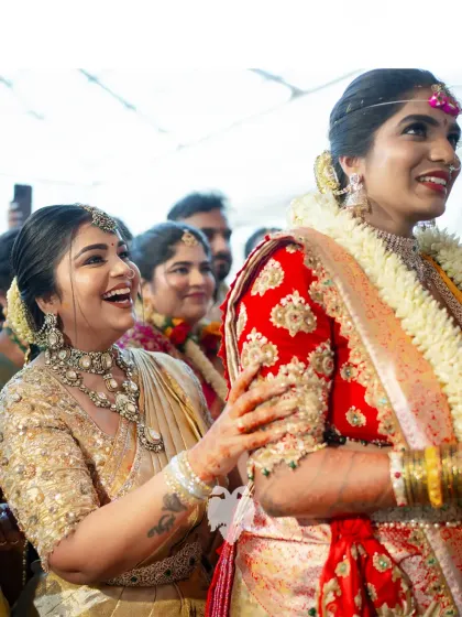 Bride Bhavana's dream muhurtham look in deep red velvet, featuring my signature zardosi embroidery.