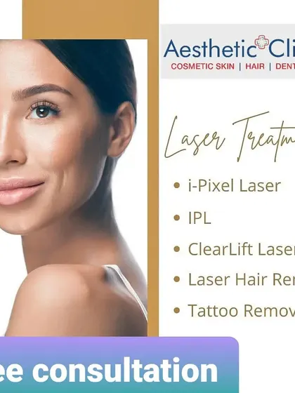 My clinic offers a range of advanced laser treatments, including i-Pixel Laser for scars, IPL for pigmentation, ClearLift for skin tightening, and systems for hair and tattoo removal.