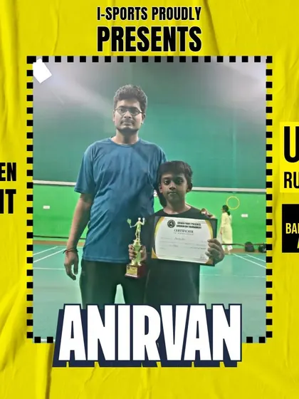Anirvan with his runner-up trophy in the U11 category at the Elite Badminton Arena, a golden point victory.
