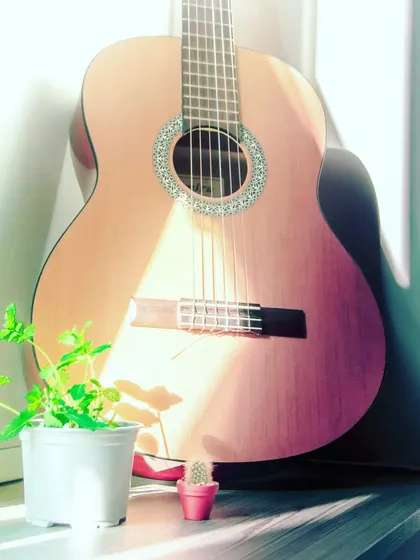 "Music is the strongest form of magic." A classical guitar catches the morning sun, ready to create something magical.