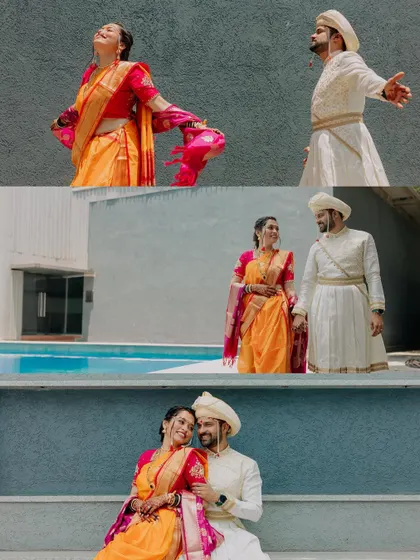 A collage of the couple enjoying moments by the pool. The images are playful and romantic, showing them interacting naturally in a modern setting while in traditional wear.