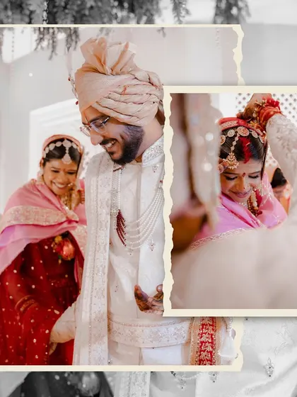 A beautifully edited collage showing the tender moments of the wedding rituals. The torn-paper effect adds a nostalgic, scrapbook feel to these cherished memories.