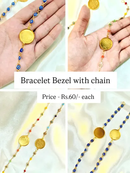 This bracelet features a bezel attached to a colorful beaded chain. We offer these in various color combinations, like this evil-eye themed blue bead chain, making them a fun and trendy option.