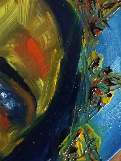 A detail shot from the side of my abstract oil painting, focusing on the textured crown and the side of the face.