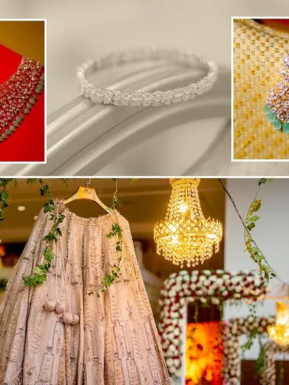 A beautiful flat lay and detail shots of the bride's reception jewelry and gown.