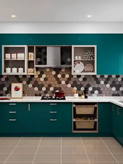 A U-shaped kitchen with glossy teal cabinets and a honeycomb tile backsplash. The design includes open wicker basket storage for a touch of rustic charm.