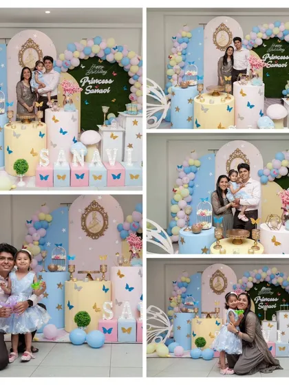 A collage of family portraits from Sanavi's 4th birthday. I capture various combinations of family members to document everyone who celebrated this milestone.