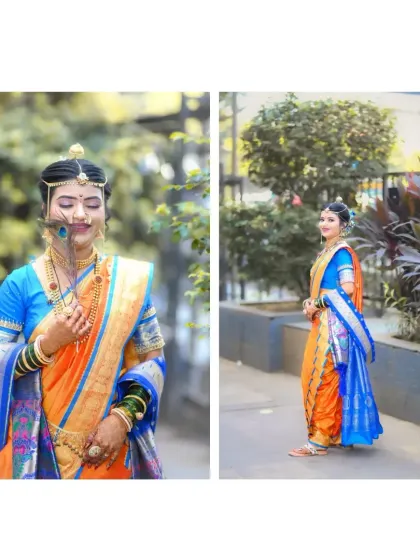 Two stunning portraits of the bride in her vibrant orange and blue Paithani saree, showcasing her complete traditional look.