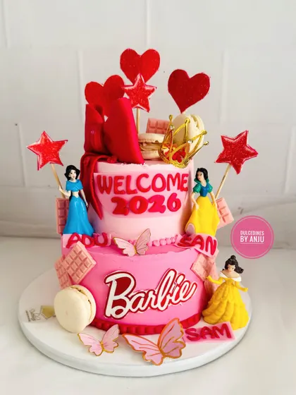 A full view of the "Welcome 2026" Barbie cake, a fun and personalized design for a group celebration.