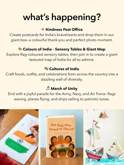This "what's happening" graphic for our Independence Day event details the activities, including a Kindness Post Office, sensory tables, and a March of Unity, all designed to teach about India's culture and heroes.