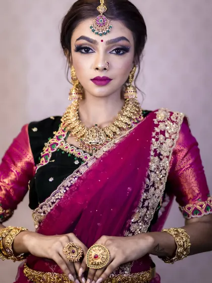 Another stunning Deepawali look. This one features a different antique-finish necklace, showing the variety of options available to create your perfect festive style.