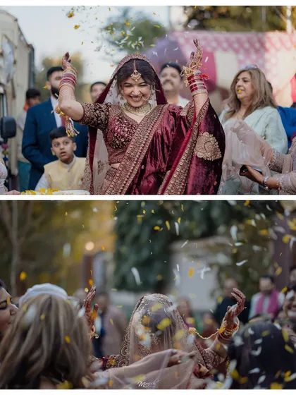 The bride's joyous celebration after the ceremony, showered with flower petals by her loved ones. A moment of pure happiness.