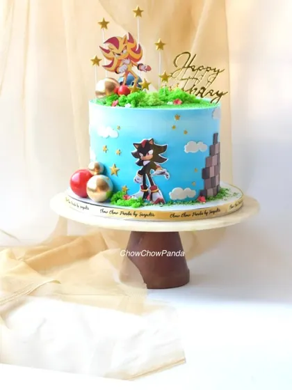 This Sonic the Hedgehog cake was a big hit for a first birthday. It features characters from the game, a grassy green top, and a sky-blue buttercream finish. This was a Choco Mousse flavour cake.