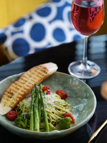 Another view of my pesto pasta, a favorite from the four-course lunch menu. It's comfort in a bowl.