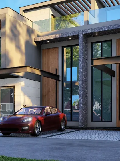 The entrance of a modern home featuring double-height doors and a combination of stone and wood louvers. This design creates a grand and impressive entry sequence.