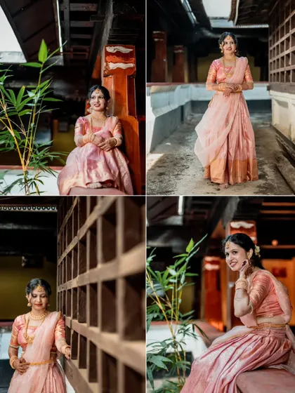 A collage of stunning bridal portraits from an engagement ceremony, showcasing different poses and expressions in a traditional setting.