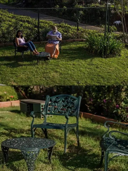 A quiet seating area on the lawn, demonstrating how the outdoor spaces are designed for relaxation and enjoying the natural beauty of the location.