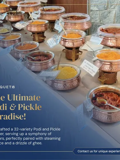 Our 32-variety Podi and Pickle counter was the biggest crowd-pleaser at this event. Guests loved pairing the symphony of flavors with steaming hot rice and a drizzle of ghee.