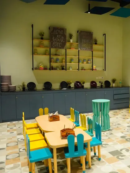 A closer look at our kid-friendly tables and the food service counter in the background.