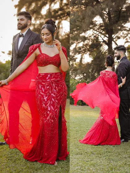 A collage showing the beautiful flow and detail of the bride's red reception gown.