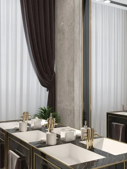Another angle of the luxurious men's salon wash basin area, showcasing the high-end materials and sophisticated design.