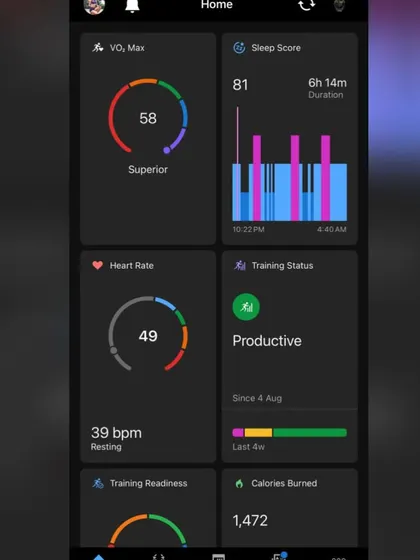 My stats after a tough run in the humidity. A VO2 Max of 58 and a resting heart rate of 39 show a strong aerobic base, but the "Productive" training status indicates I'm adapting well.