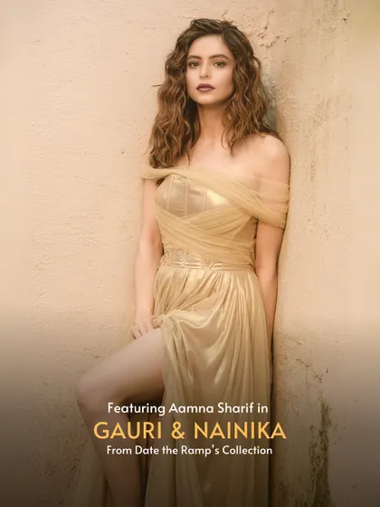 Aamna Sharif again, this time in a golden Gauri & Nainika gown. Proof that you can have endless designer looks with smart rentals.