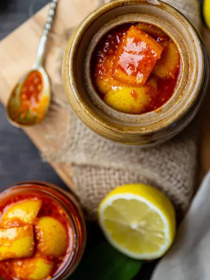 Another look at our delicious lemon pickle, served in a traditional bowl. It’s a simple, honest pickle with a taste that will remind you of home.