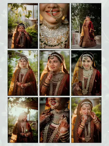 A collage that tells the story of a bridal portrait session, from close-ups of the jewelry to full-length shots in the golden sun.