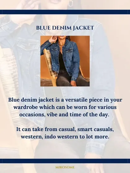 A blue denim jacket is an incredibly versatile piece for your wardrobe. It can be styled for casual, smart casual, western, and even indo-western looks, taking you from day to night.