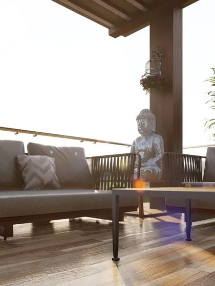 A closer view of the seating arrangement in this balcony concept. The woven detail on the sofas adds a lovely texture, and the wooden deck flooring brings warmth to the space, making it feel like a natural extension of the indoors.