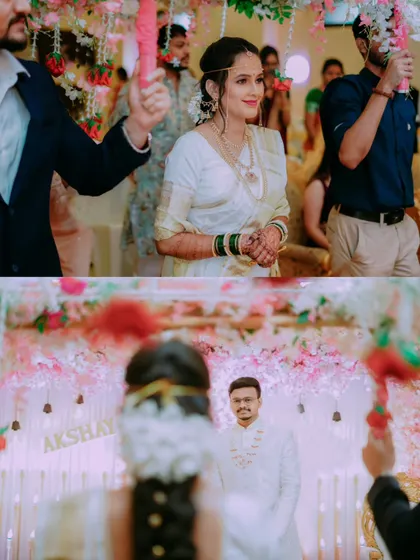 A split image showing the bride's entrance and the groom's loving gaze as he sees her for the first time.