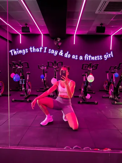 Just a few of the things I say and do as a fitness girl. A playful moment captured in the studio, reflecting the fun side of the fitness lifestyle.