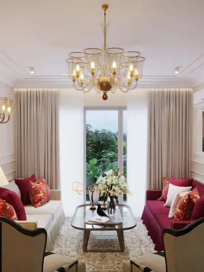 A formal drawing room that blends classic and contemporary styles. The space is symmetrically arranged around a large window, with a striking chandelier as the centerpiece.