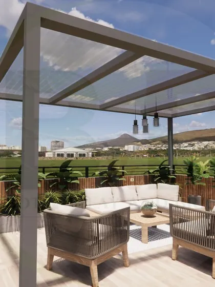 This 3D visualization presents a clean and modern pergola design. The simple metal frame and translucent roof provide shelter without obstructing the view, creating a perfect setting for a minimalist outdoor seating area.