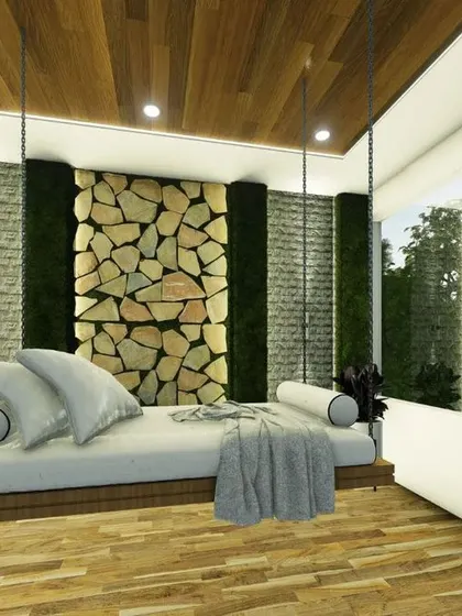 An identical close-up view of the cozy swing bed.