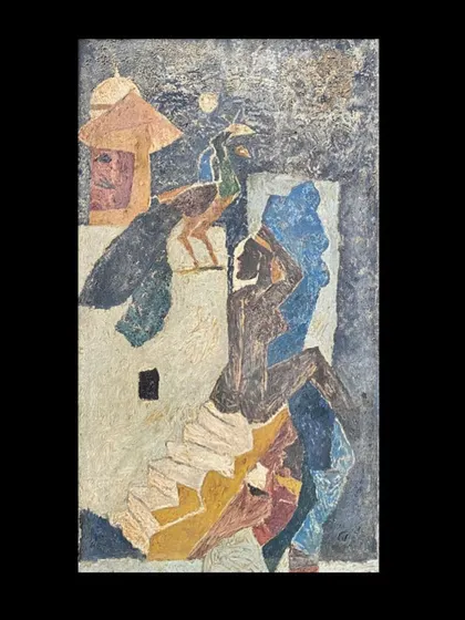 We provide access to masterworks of modern Indian art, such as this untitled piece from M.F. Husain's renowned Rajasthan series. Created in the 1960s, this oil on canvas showcases the artist's signature folk-inspired style and powerful use of impasto.